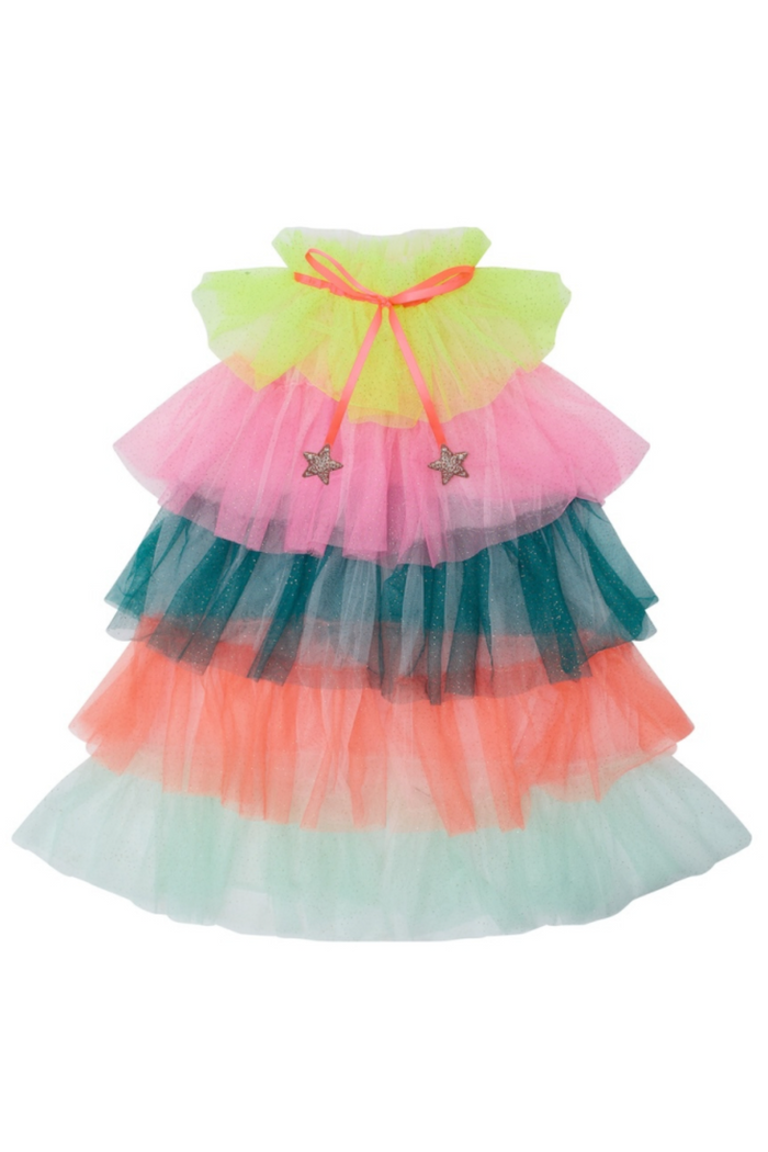 A children's tiered tulle cape with a bright neon yellow-green bodice, a pink waistband, dark teal layers, coral orange layers, and a pale mint green bottom hem, accented with small star details.