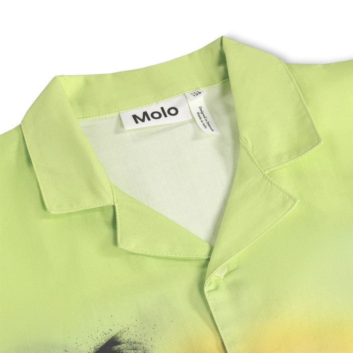 Close-up of a light green shirt with a Molo label on a white background