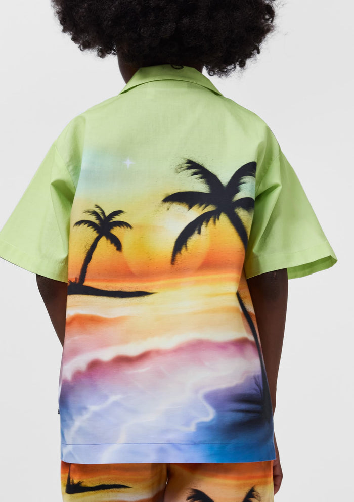 Person wearing a shirt with a colorful palm tree design on a plain background