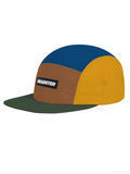 A color-blocked 5-panel cap by Headster with a blue crown top, brown front panel, yellow side panel, and dark green flat brim, featuring a black and white 'HEADSTER' logo patch on the front.