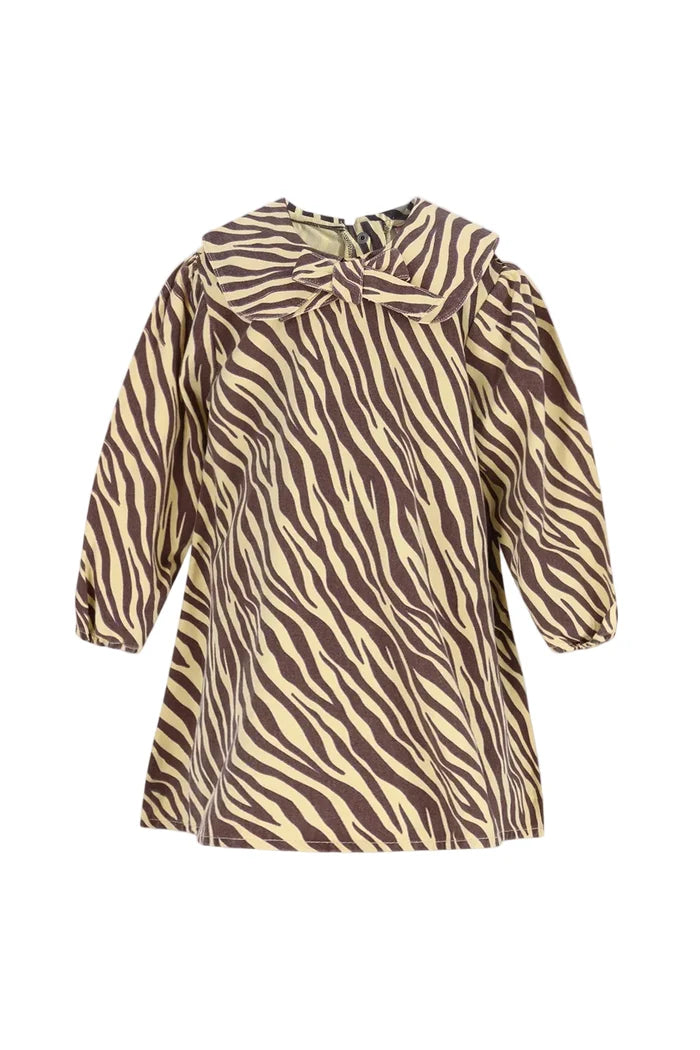 yellow and brown zebra stripe dress with peter pan collar and bow on white background.