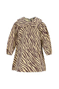 yellow and brown zebra stripe dress with peter pan collar and bow on white background.