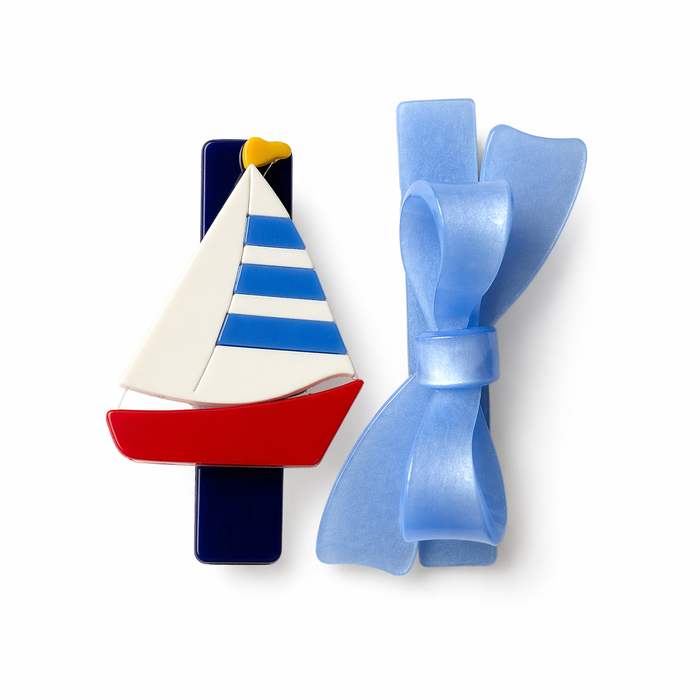 Sailboat & Blue Bow Hair Clips