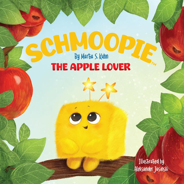 Book cover of 'Schmoopie, The Apple Lover' with a yellow character and apples.