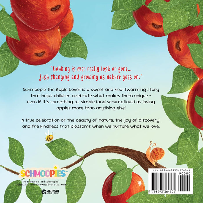 Back cover of a book with illustrations of apples and text about the story 'Schmooptie the Apple Lover'.
