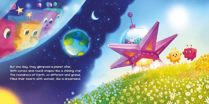 Illustration of a star-shaped robot and colorful characters in a space-themed scene with Earth.