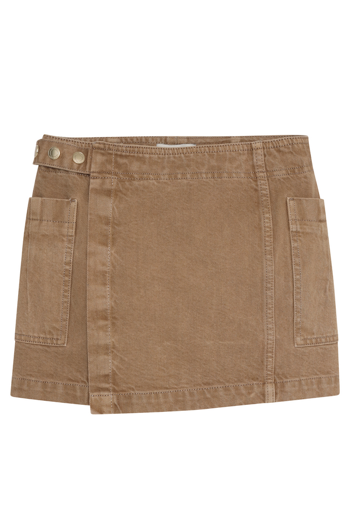 Brown denim skirt on a white background