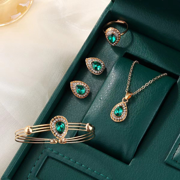 Set of 4 - Necklace - Earring Ring - Bracelet Water Drop Gem Series