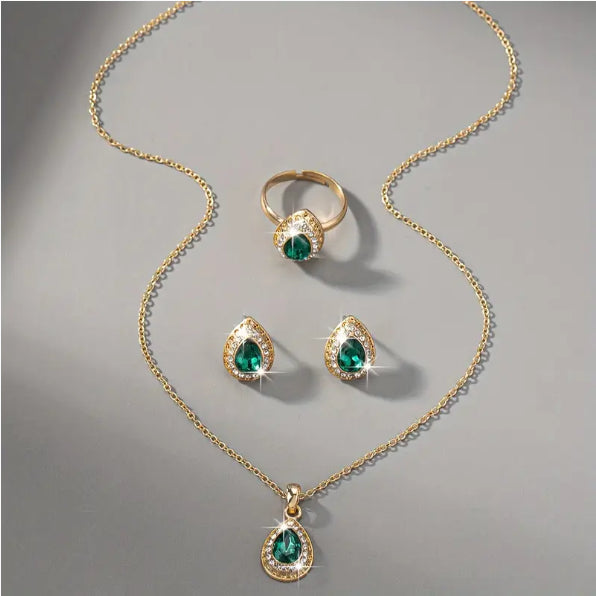 Set of 4 - Necklace - Earring Ring - Bracelet Water Drop Gem Series