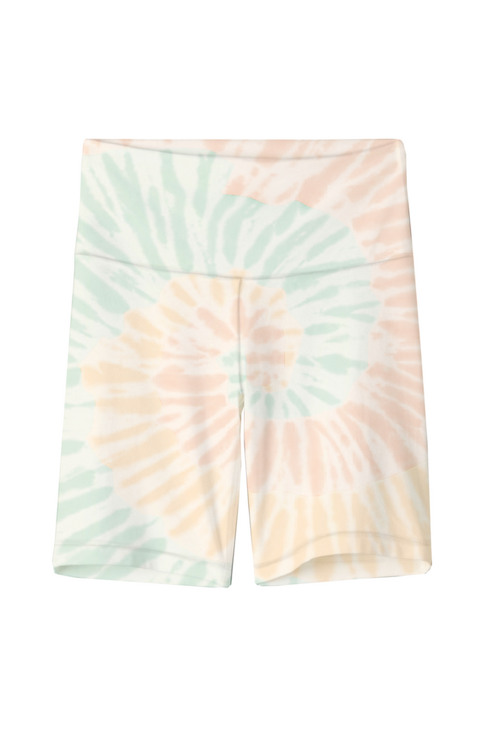 Tie-dye patterned shorts on a white background