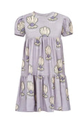 Purple dress with shell pattern on a white background