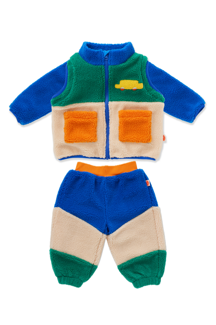 A two-piece baby fleece outfit set featuring a zip-up jacket and matching pants in a color-blocked design of blue, green, beige, and orange, displayed on a clean white background.