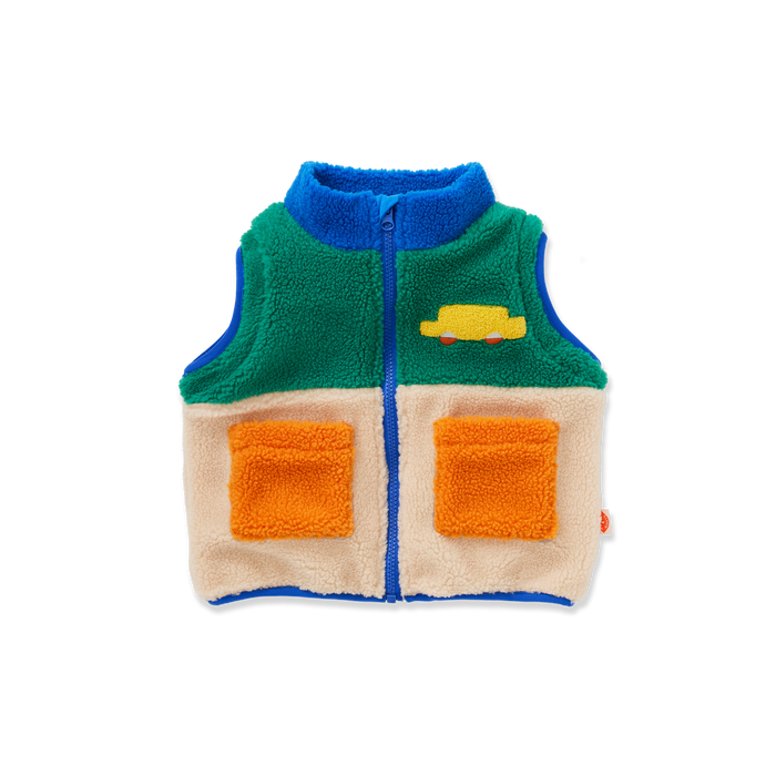 Children's colorful fleece vest with cartoon car design on a white background