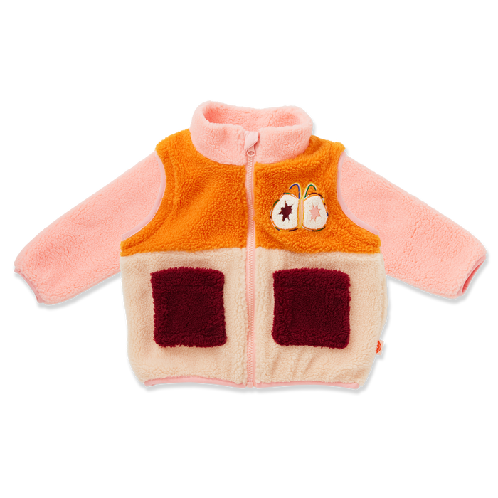 Children's fleece vest with pink and orange design on a white background
