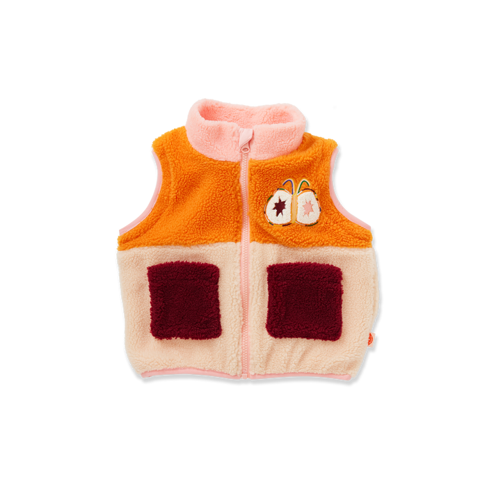 Children's orange and pink fleece vest with cartoon design on a white background