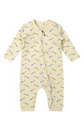 Baby onesie with blue patterns on a white background