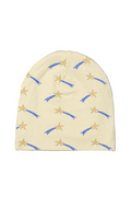 Beige baby hat with blue and gold star patterns on a white background