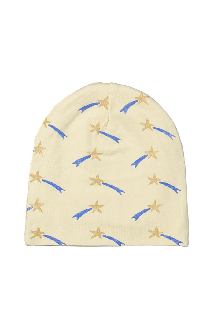 Beige baby hat with blue and gold star patterns on a white background