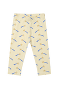Beige pants with blue and yellow pattern on a white background