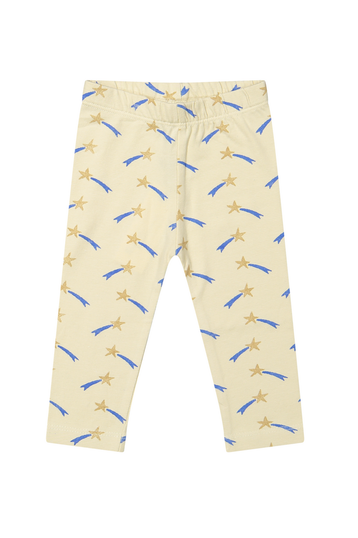 Beige pants with blue and yellow pattern on a white background