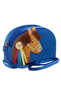 A blue fabric bag featuring a decorative brown horse applique with colorful ribbons and a small heart-shaped charm, shown on a plain white background.