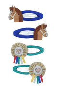Three equestrian-themed hair clips on a white background: two blue clips with brown horse heads and one teal clip with a rosette design and multicolored ribbons.