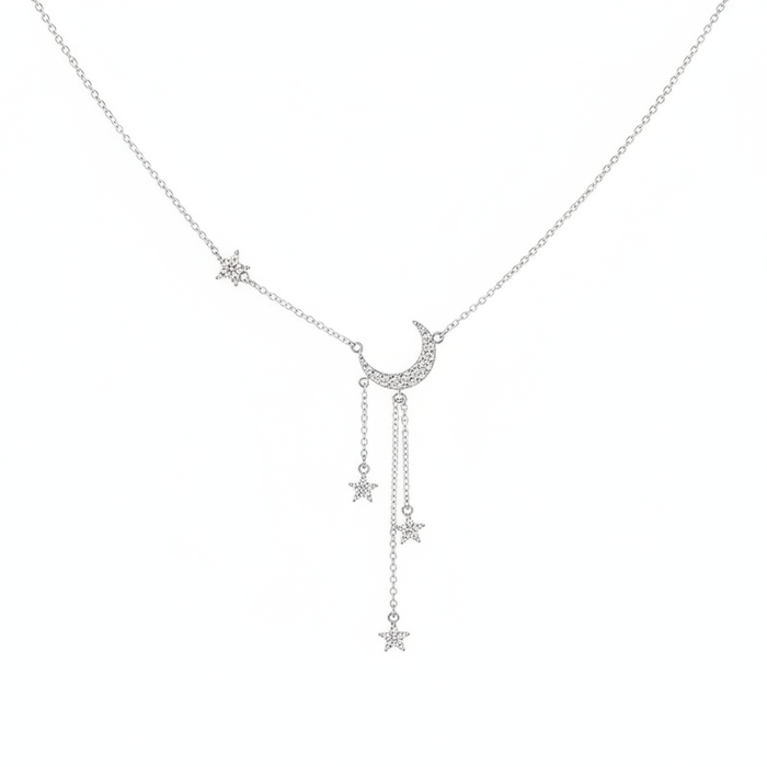 A delicate silver-tone Y-shaped necklace featuring a pave-set crystal crescent moon center with three dangling star charms on fine chains, shown against a clean white background.