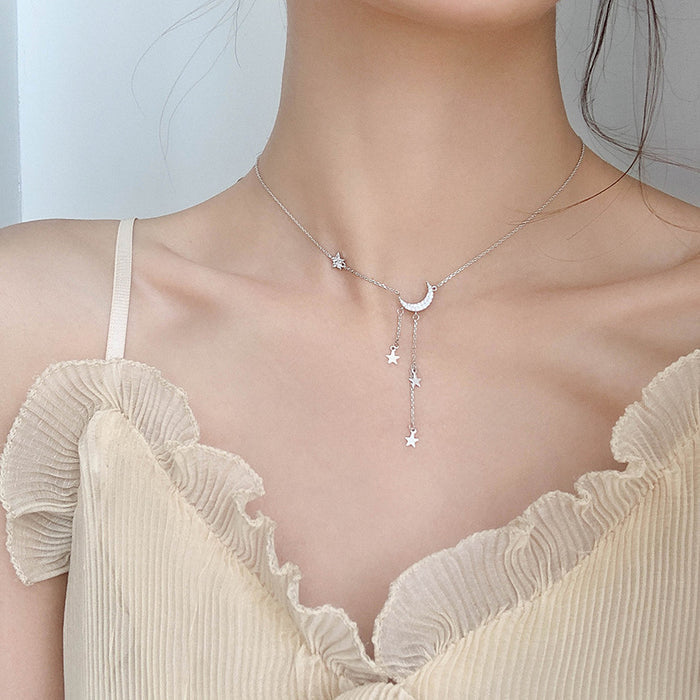 Silver Crescent Moon & Star Y-Drop Necklace | Dainty Celestial Pavé Jewelry