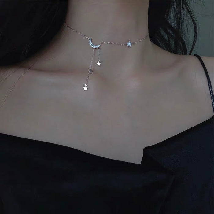 Silver Crescent Moon & Star Y-Drop Necklace | Dainty Celestial Pavé Jewelry
