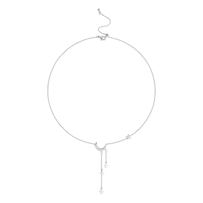 Silver Crescent Moon & Star Y-Drop Necklace | Dainty Celestial Pavé Jewelry