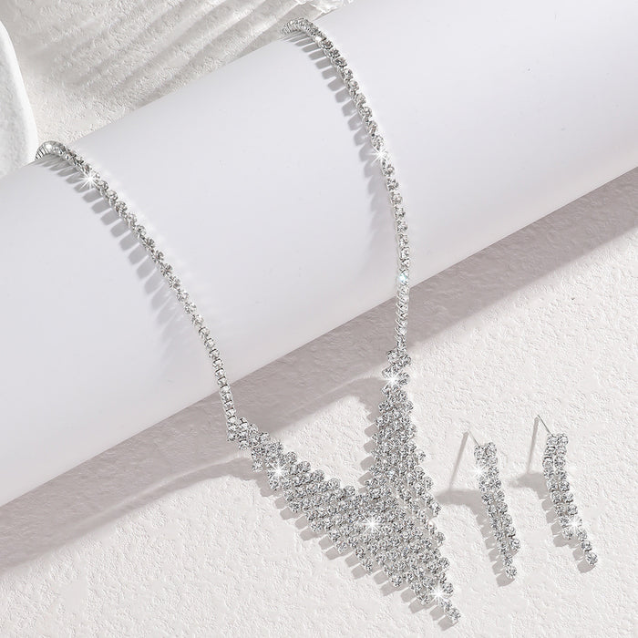 Silver Crystal V-Shape Necklace & Drop Earring Set | Bridal Formal Rhinestone Jewelry