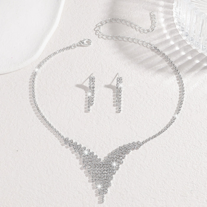 Silver Crystal V-Shape Necklace & Drop Earring Set | Bridal Formal Rhinestone Jewelry