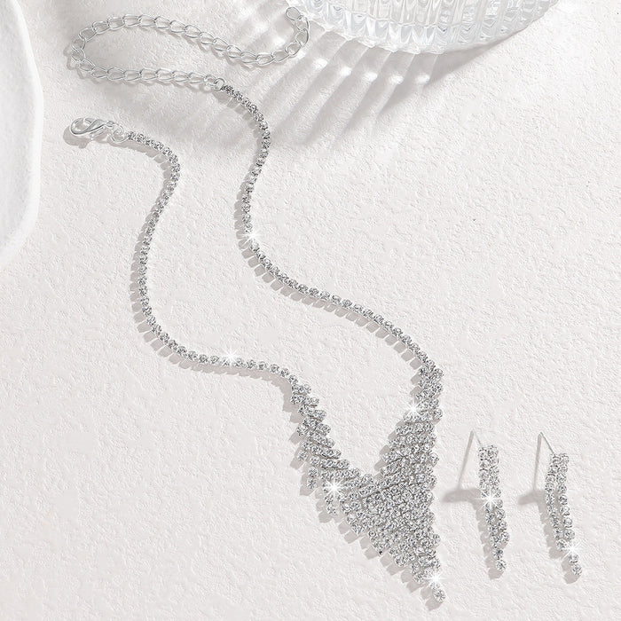 Silver Crystal V-Shape Necklace & Drop Earring Set | Bridal Formal Rhinestone Jewelry