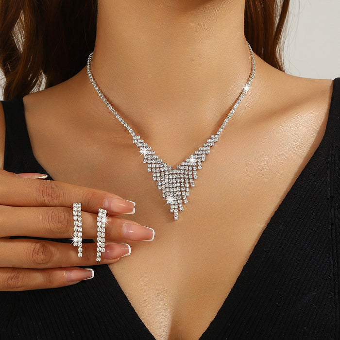 Silver Crystal V-Shape Necklace & Drop Earring Set | Bridal Formal Rhinestone Jewelry