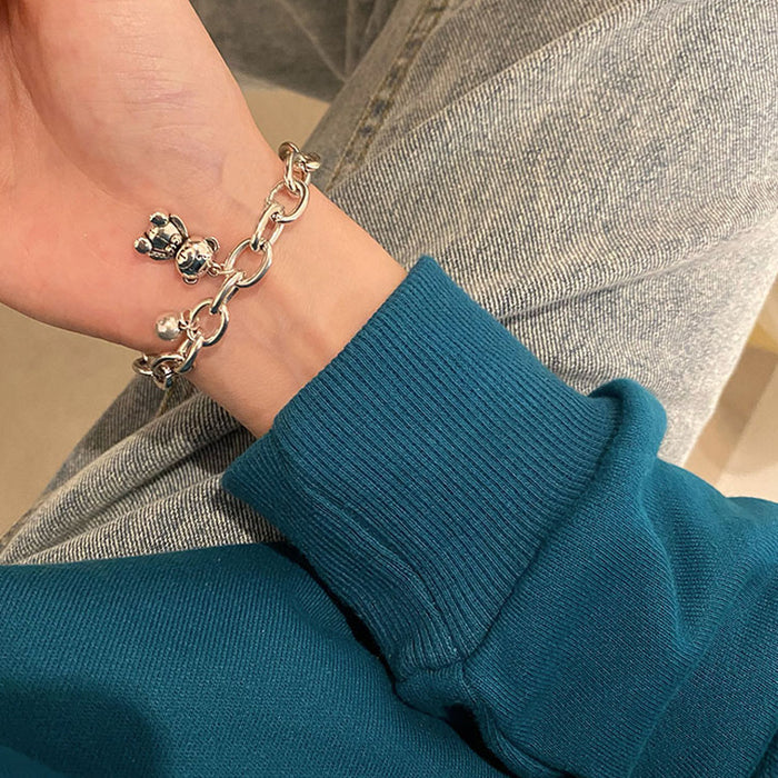 Silver Teddy Bear & Bell Charm Link Chain Bracelet | Playful Dainty Charm Jewelry