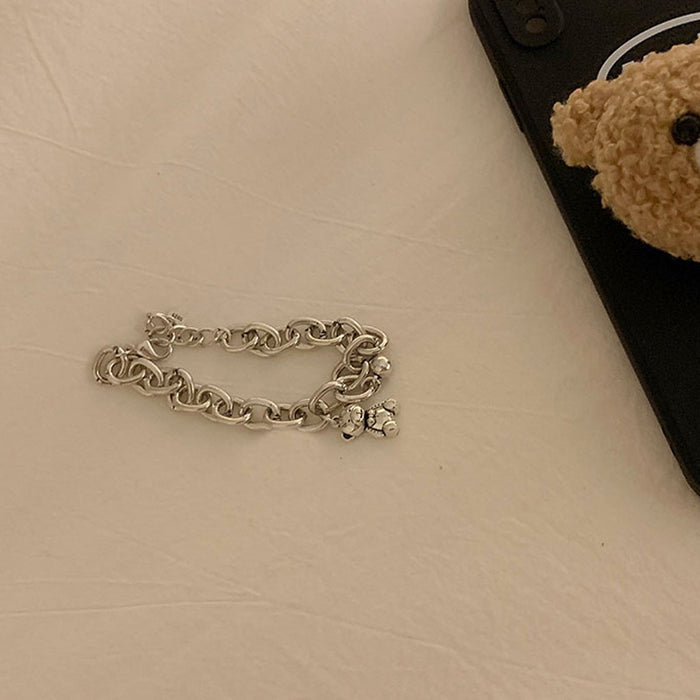Silver Teddy Bear & Bell Charm Link Chain Bracelet | Playful Dainty Charm Jewelry