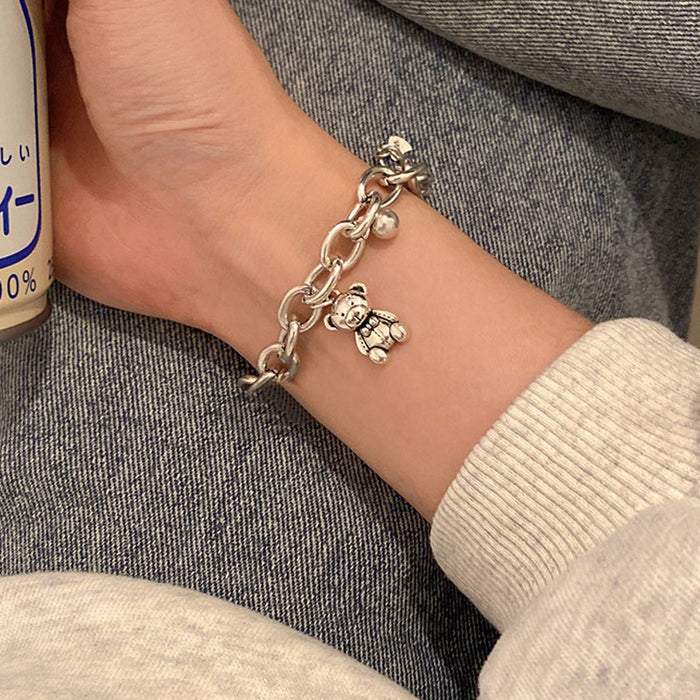 Silver Teddy Bear & Bell Charm Link Chain Bracelet | Playful Dainty Charm Jewelry