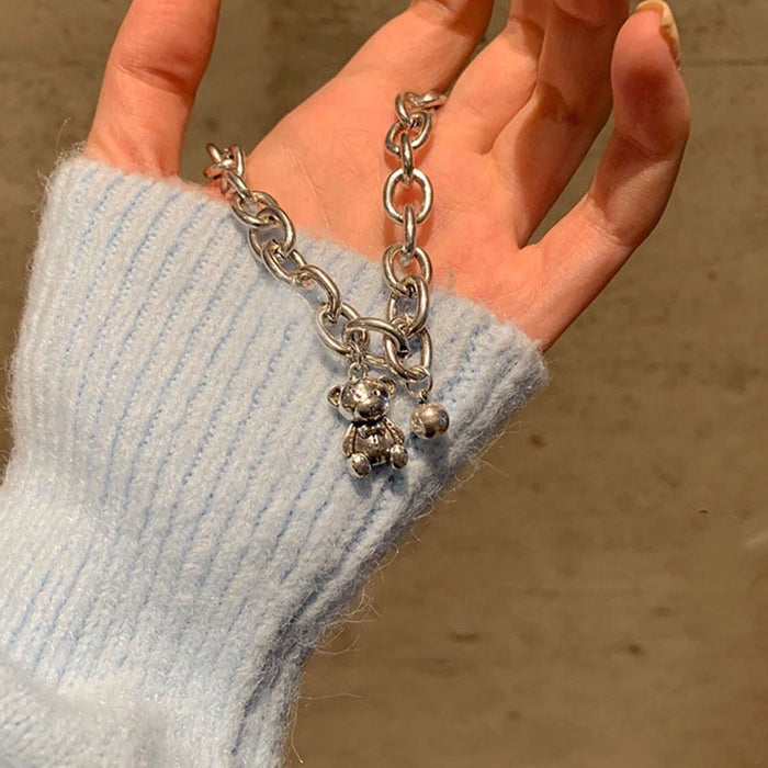 Silver Teddy Bear & Bell Charm Link Chain Bracelet | Playful Dainty Charm Jewelry
