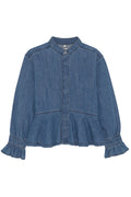 Blue denim blouse with ruffled sleeves on a white background