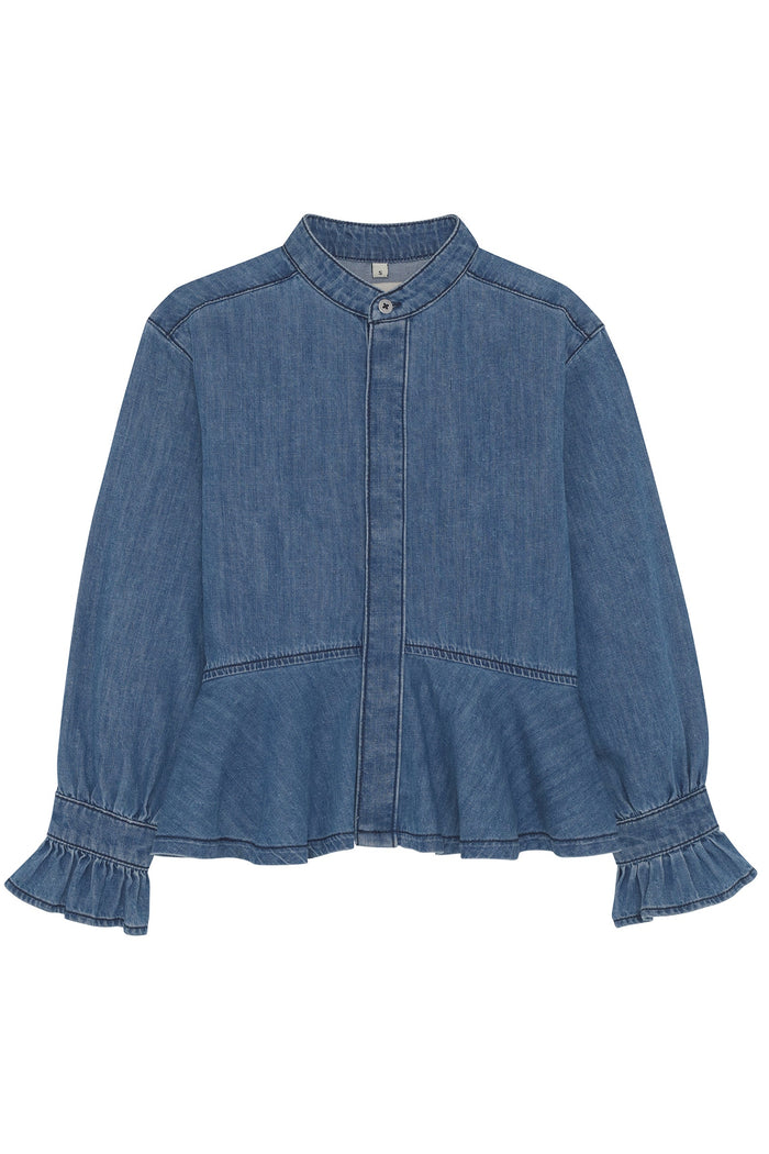 Blue denim blouse with ruffled sleeves on a white background