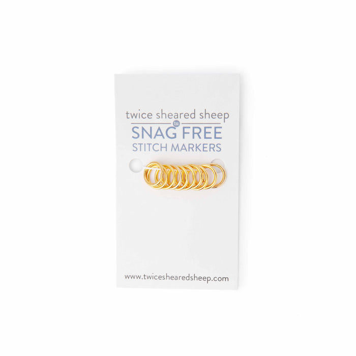 Twice Sheared Sheep branded card packaging with simple gold ring snag-free stitch markers clipped to the card