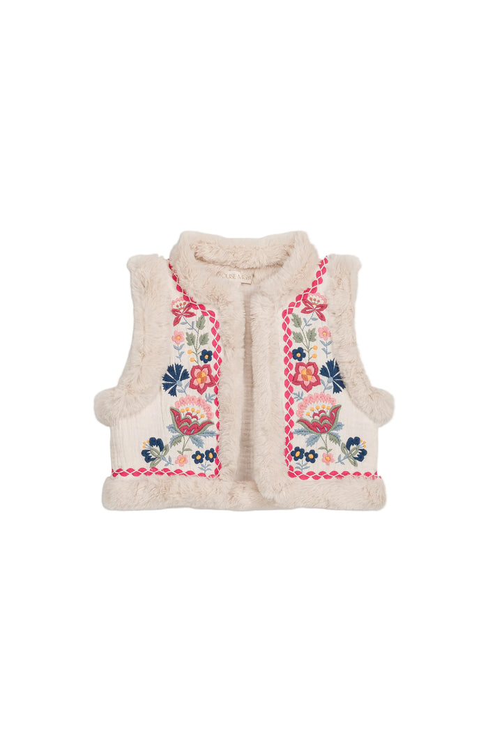 faux fur lined vest with floral embroidery in pink, blue, and green on white background.