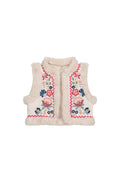 faux fur lined vest with floral embroidery in pink, blue, and green on white background.