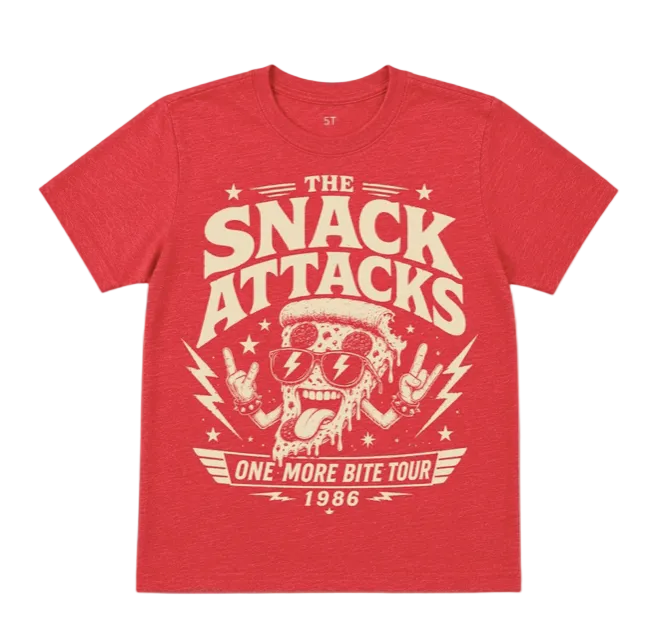 red graphic tee featuring The Snack Attacks - One More Bite Tour text and a pizza slice with rock hands on a white background.