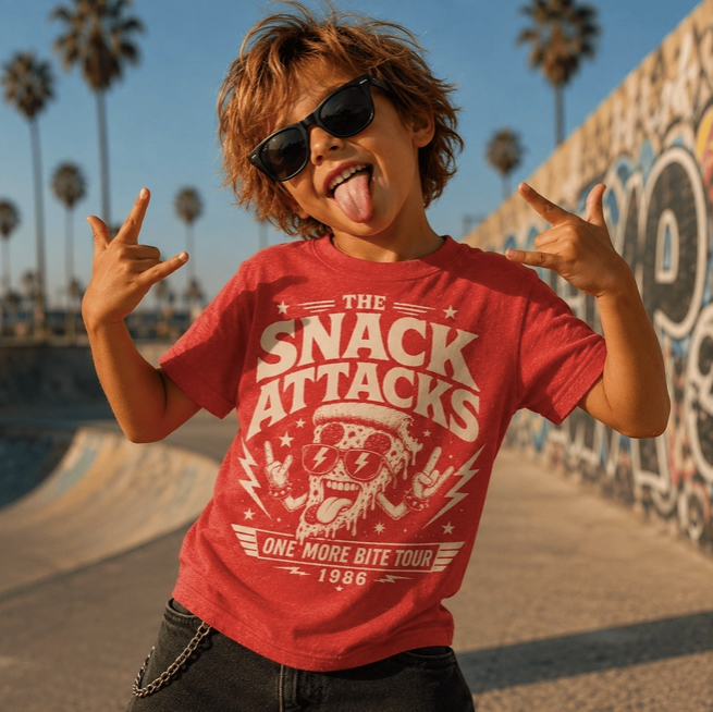 Child posing in red graphic tee featuring The Snack Attacks - One More Bite Tour text and a pizza slice with rock hands outdoors with a skate park background