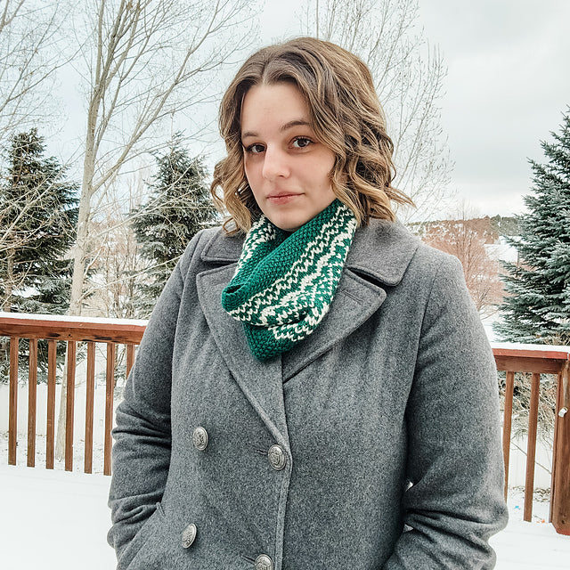 Snow Days Cowl modeled showing finished blue and white textured cowl worn around neck