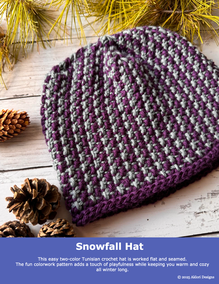 Snowfall Tunisian crochet hat in purple and gray colorwork laid flat on whitewashed wood with pine branches and pinecones and a purple banner reading Snowfall Hat by Aklori Designs