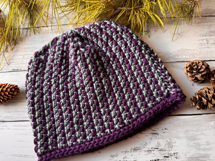 Finished Snowfall Tunisian crochet hat in purple and grey two-color colorwork pattern laid flat on a rustic wood surface with pine branches and pinecones
