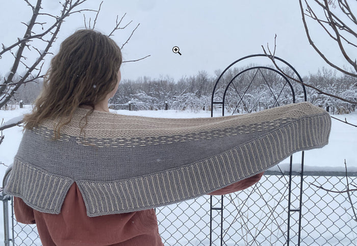 Back view of the Snowy Owl shawl in gray and cream showing the full wingspan with textured stripe and elongated stitch details in a winter landscape