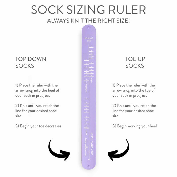 Sock Sizing Ruler instructional infographic showing a lavender ruler with directions for top-down socks on the left and toe-up socks on the right with step-by-step placement instructions